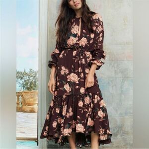 Johanna Ortiz x H&M Floral Long Sleeve Dress in Dark Brown, M